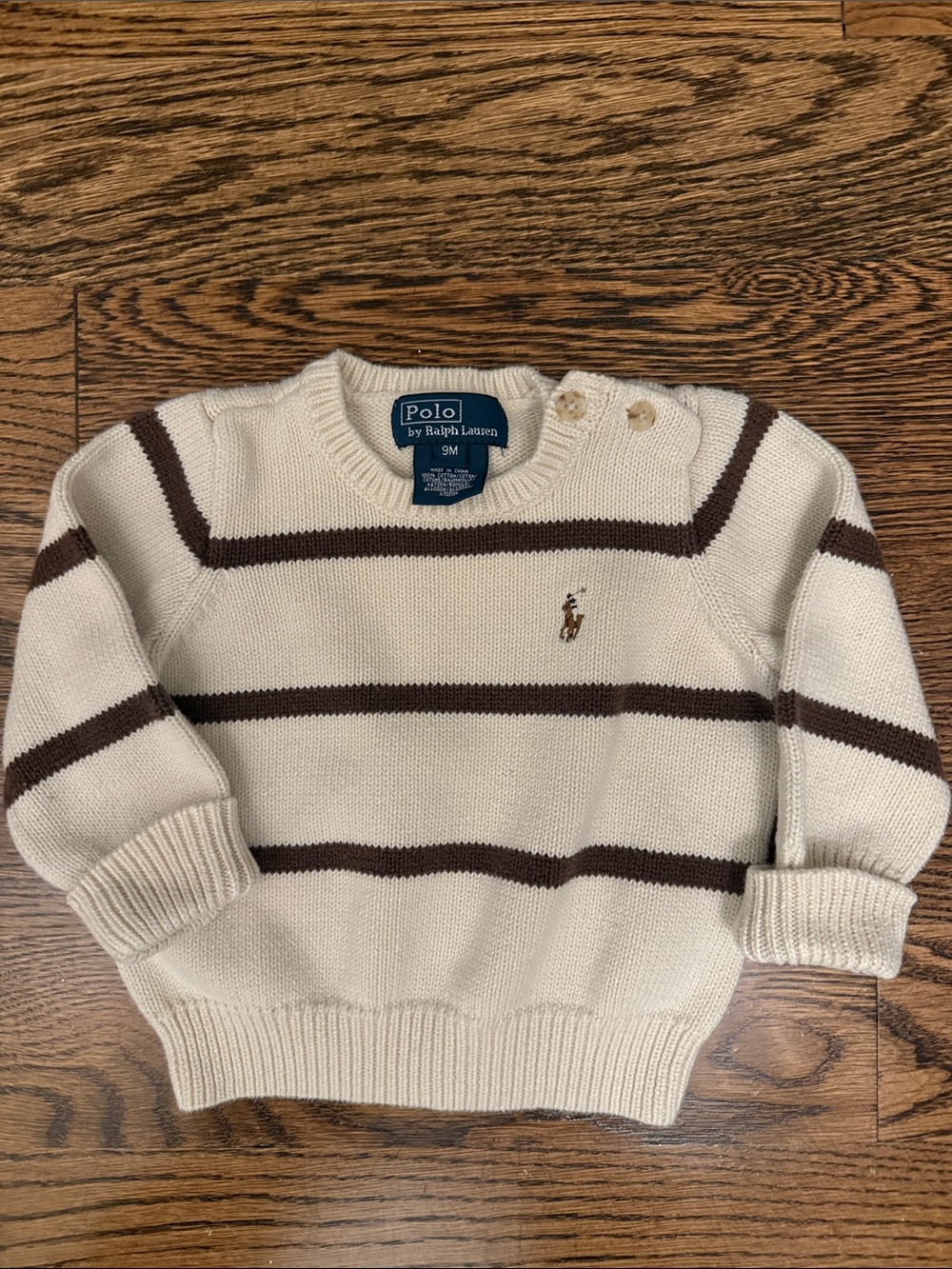 Polo by Ralph Lauren Cream & Brown Striped Crewneck Sweater